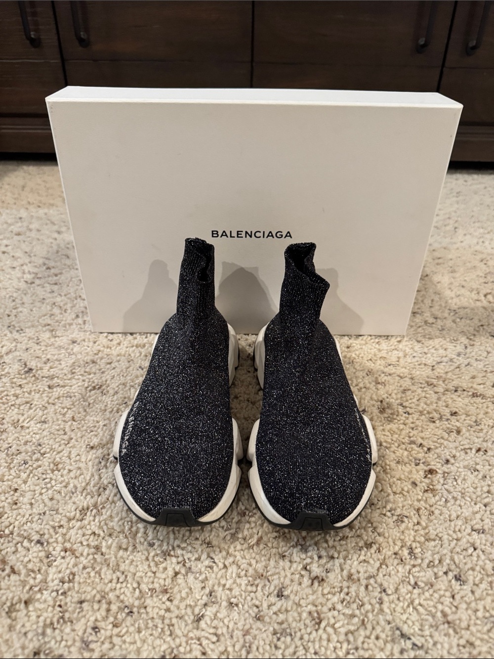 Balenciaga women’s Black Sparkle Sock Sneakers with White Sole - Picture 2 of 4